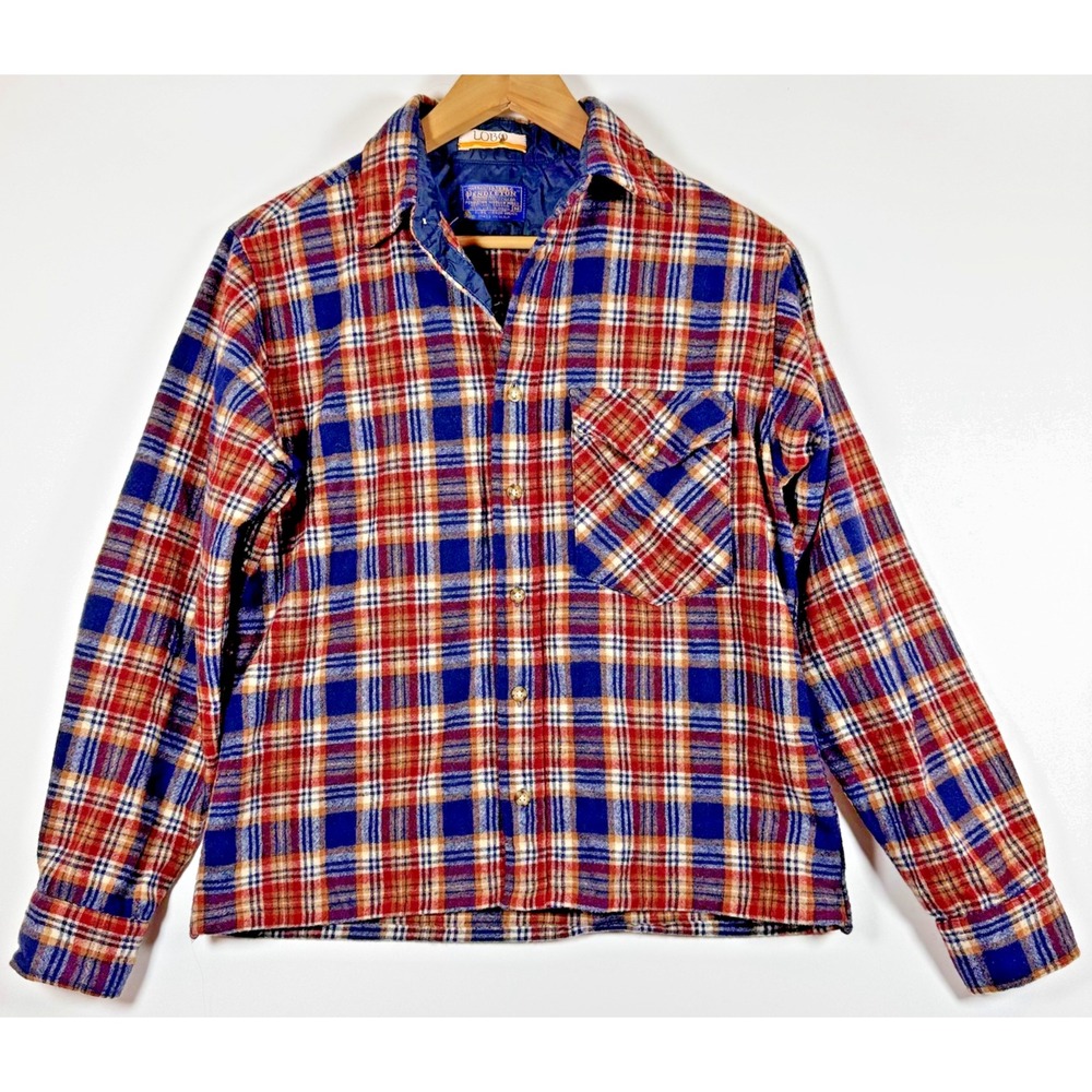 Vintage Pendleton LOBO Wool Plaid Shirt Jacket Mens Medium Red Blue Made in USA